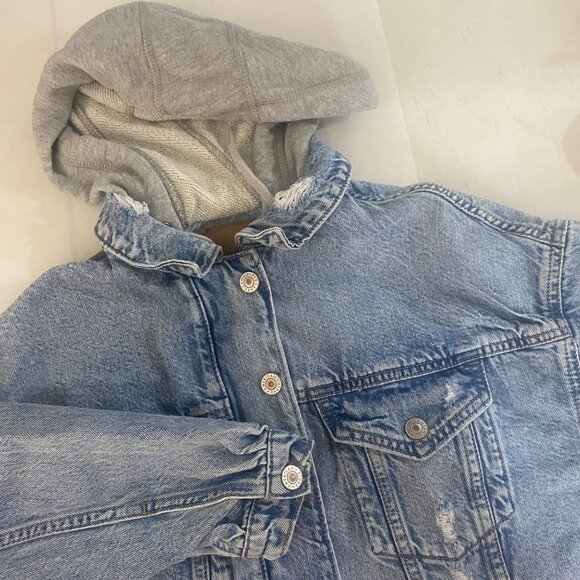 American Eagle Hoodie Crop Denim Jacket Womens XS Blue Distressed Layering - Picture 5 of 9